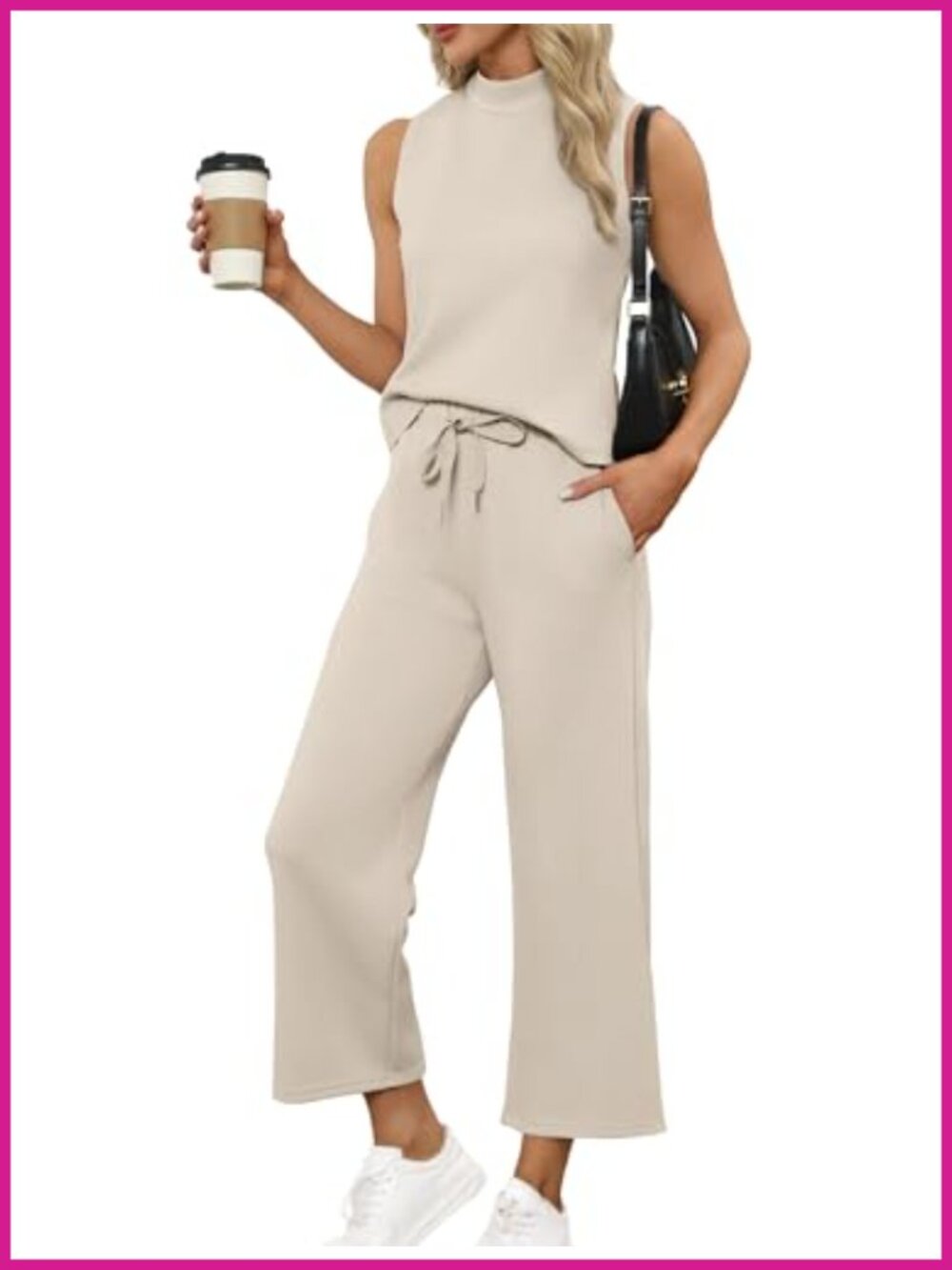 Two Piece Set Mock Neck Sleeveless Top Wide Leg Crop Pants Summer Lounge